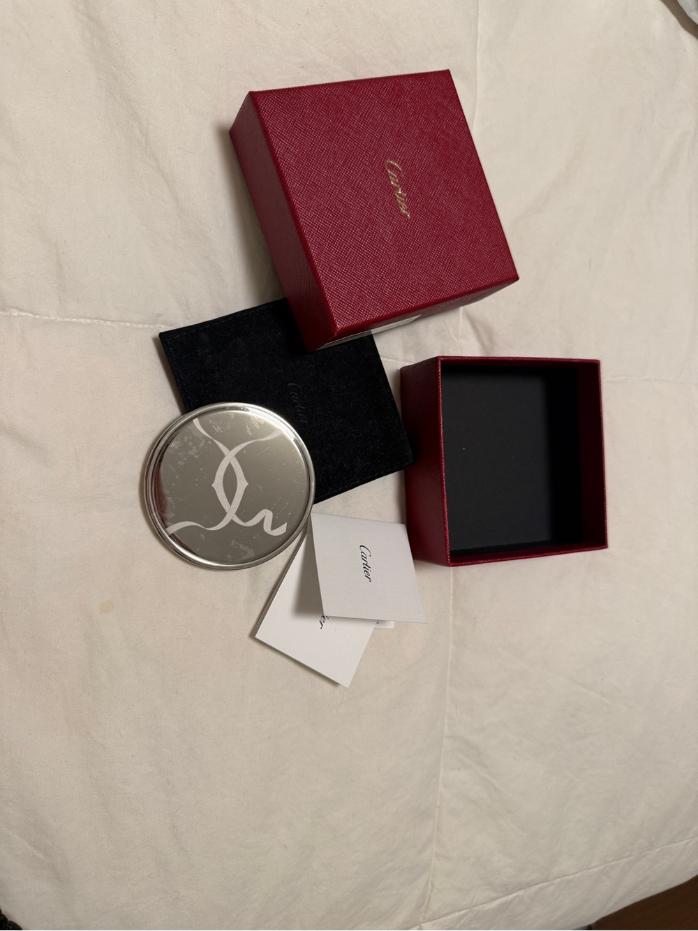 Authentic Cartier Silver mirror with velvet bag and Red Presentation Box